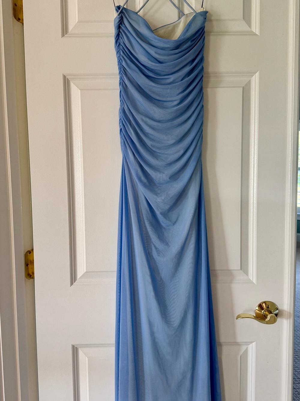 Elegant Light Blue Ruched Maxi Dress with Spaghetti Straps